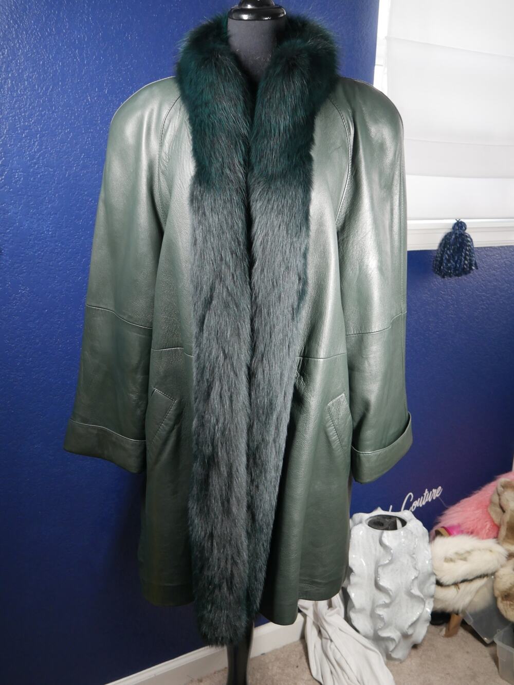 Gorgeous Emerald Green leather swing coat with dyed to match fox fur